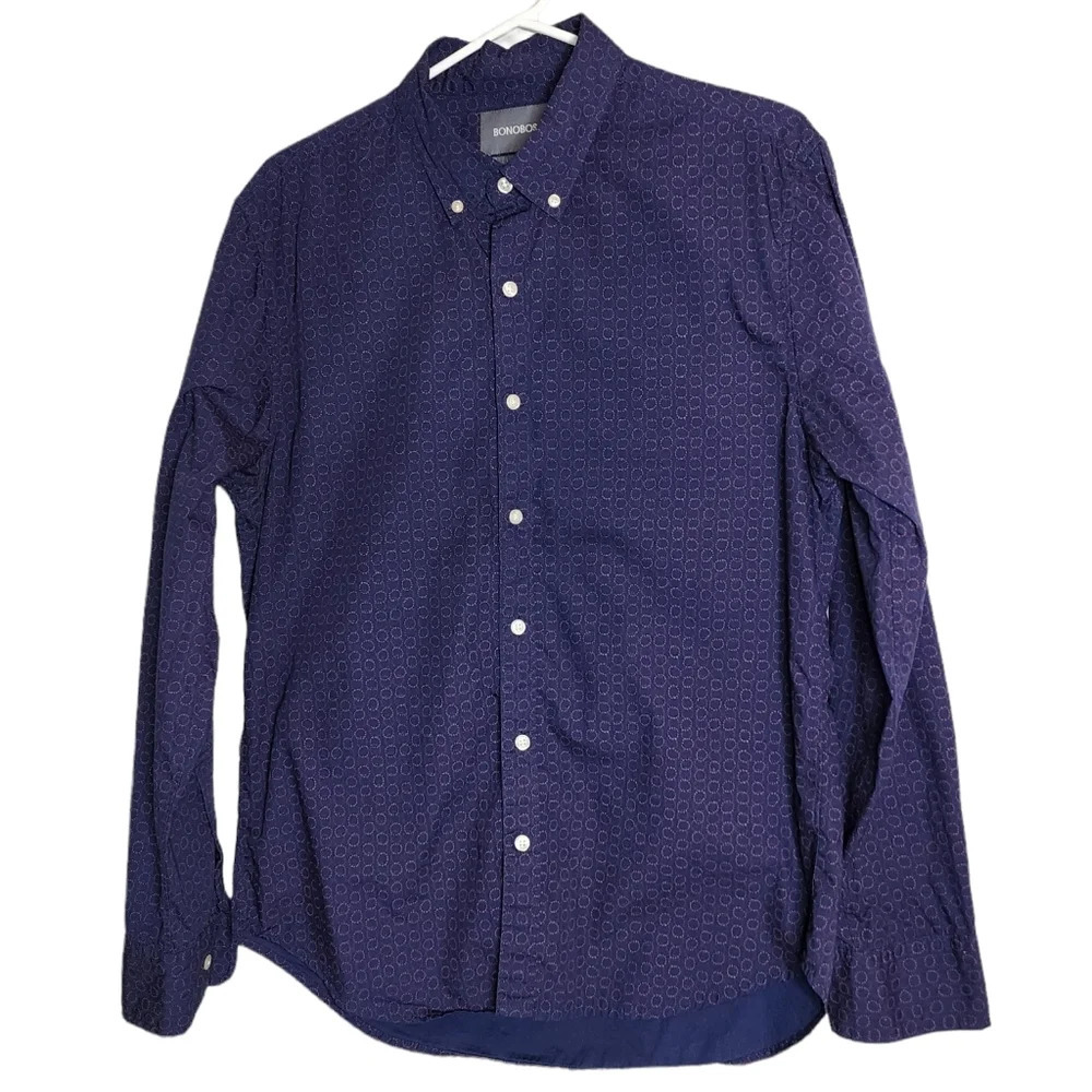 Bonobos Navy Blue Pink Circle Print Long Sleeve Button Down Shirt Size Medium